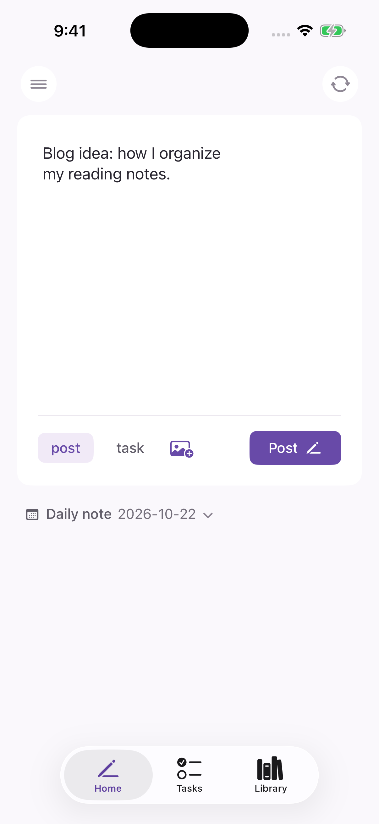 Actual Shard capture screen with a note ready to post to a daily note