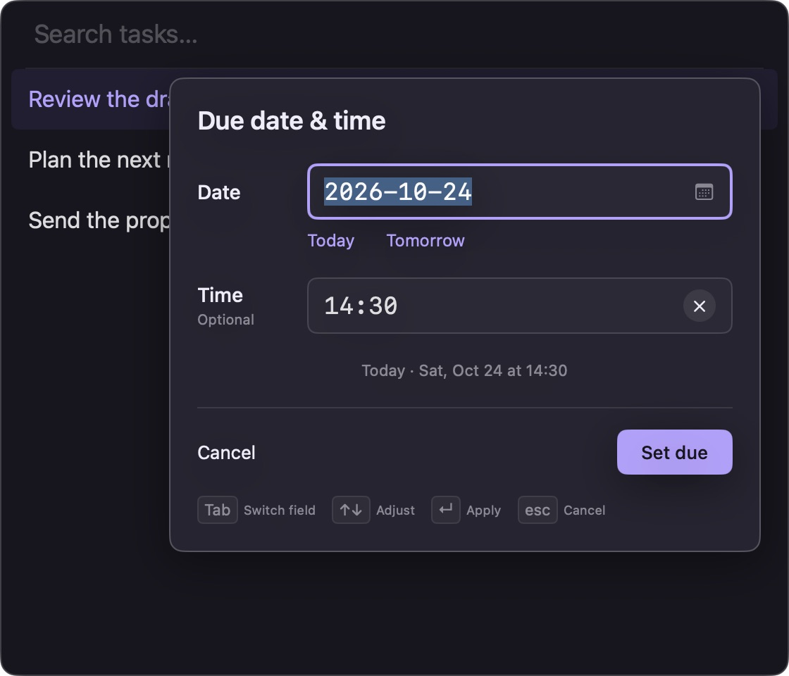 Set a due date and an optional time from the keyboard in Shard for Mac