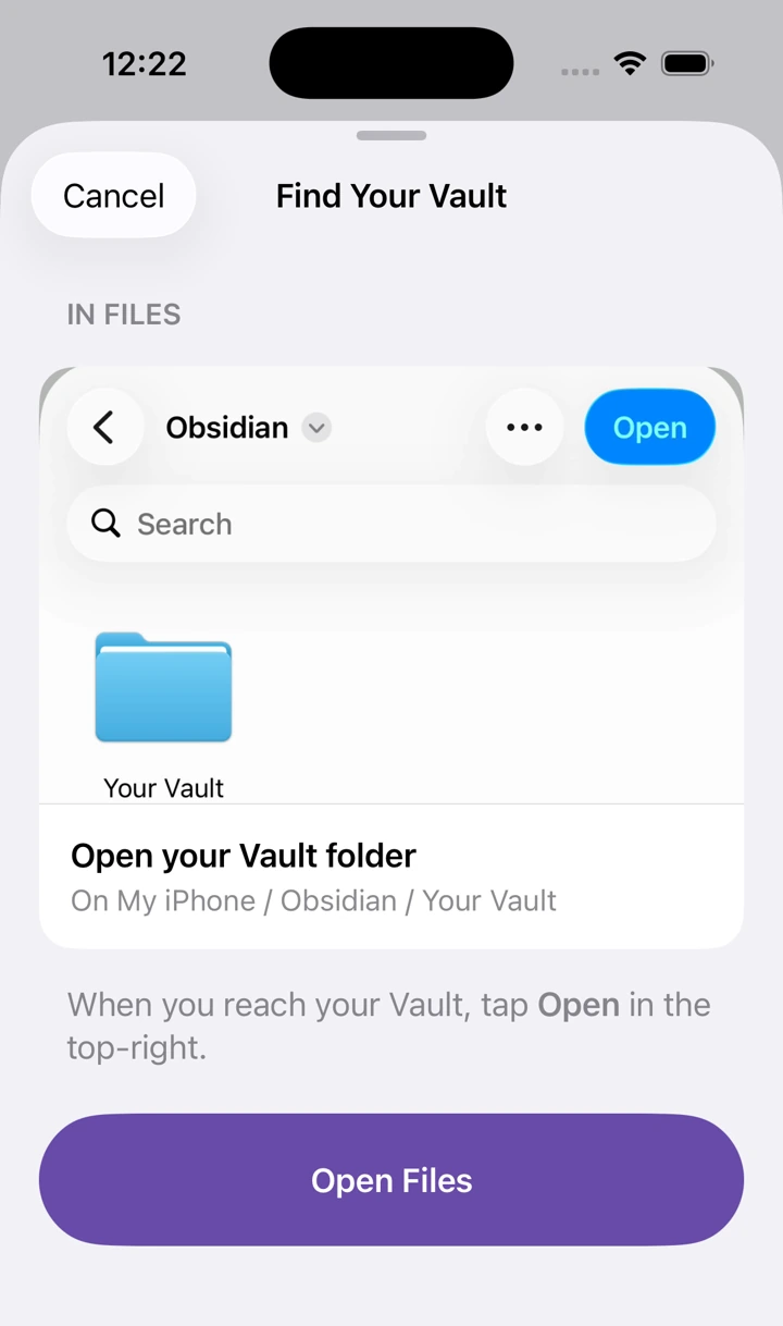 The actual Find Your Vault help screen showing On My iPhone, Obsidian, Your Vault, and the Open Files button.