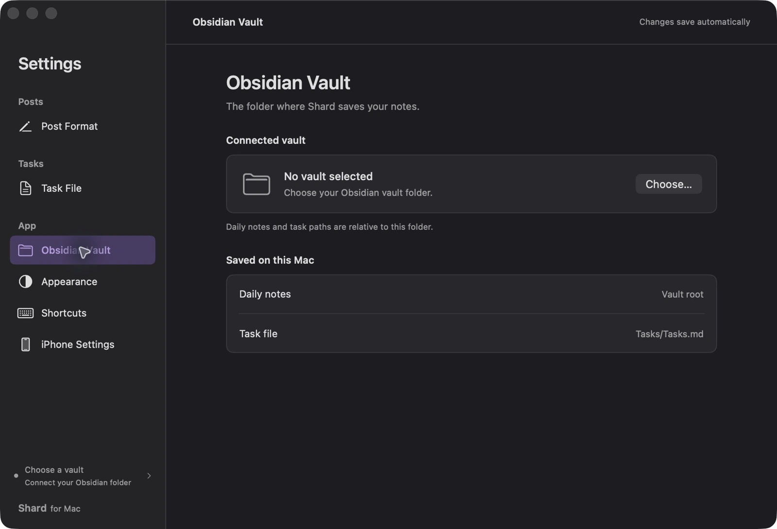 The actual Shard for Mac settings, with Obsidian Vault selected and the Choose button for connecting a vault.